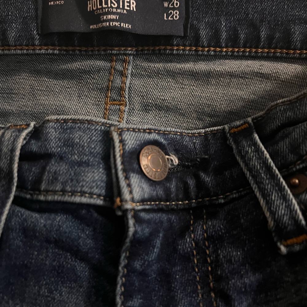 Hollister Men's Skinny Jeans - Deep Indigo Blue with Contrast Stitching